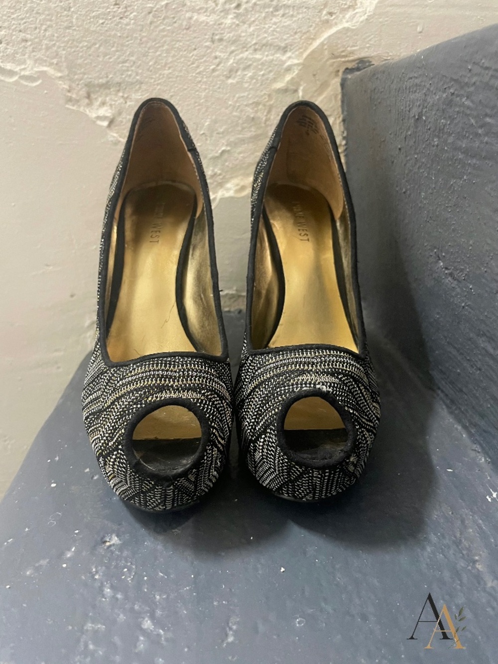 Nine West Woven Metallic Peep-Toe Platform Pumps - Size 7M